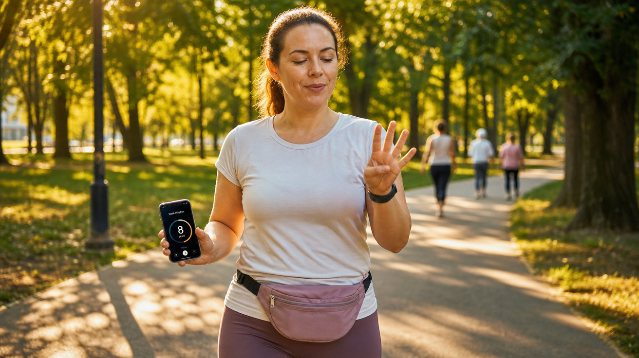Mulher em parque a fazer caminhada, mostrando quatro dedos e segurando telemóvel com aplicação de contagem.