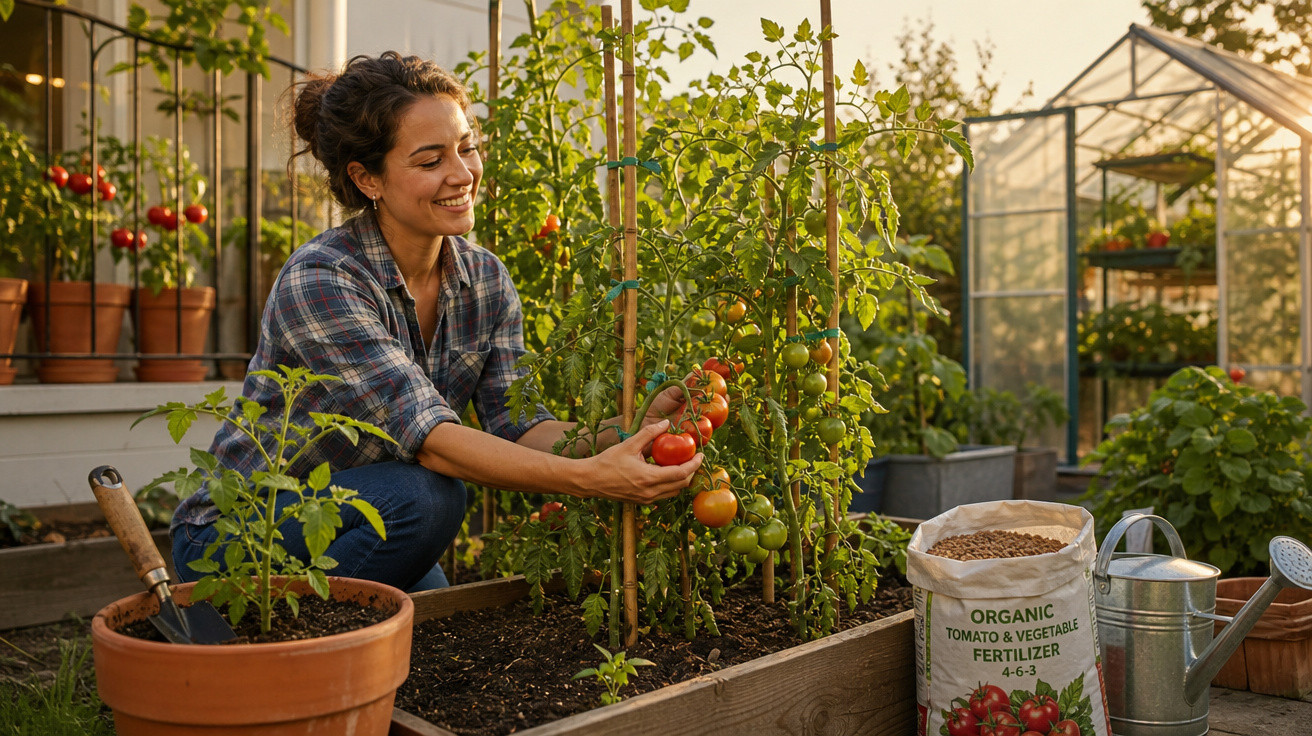 Mulher sorridente a colher tomates vermelhos maduros numa horta urbana com estufa ao fundo.