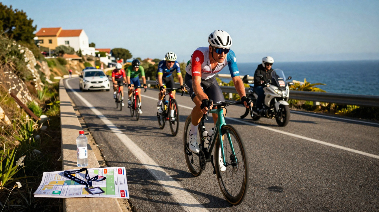 Grupo de ciclistas em corrida numa estrada costeira com motos e carros de apoio ao fundo.