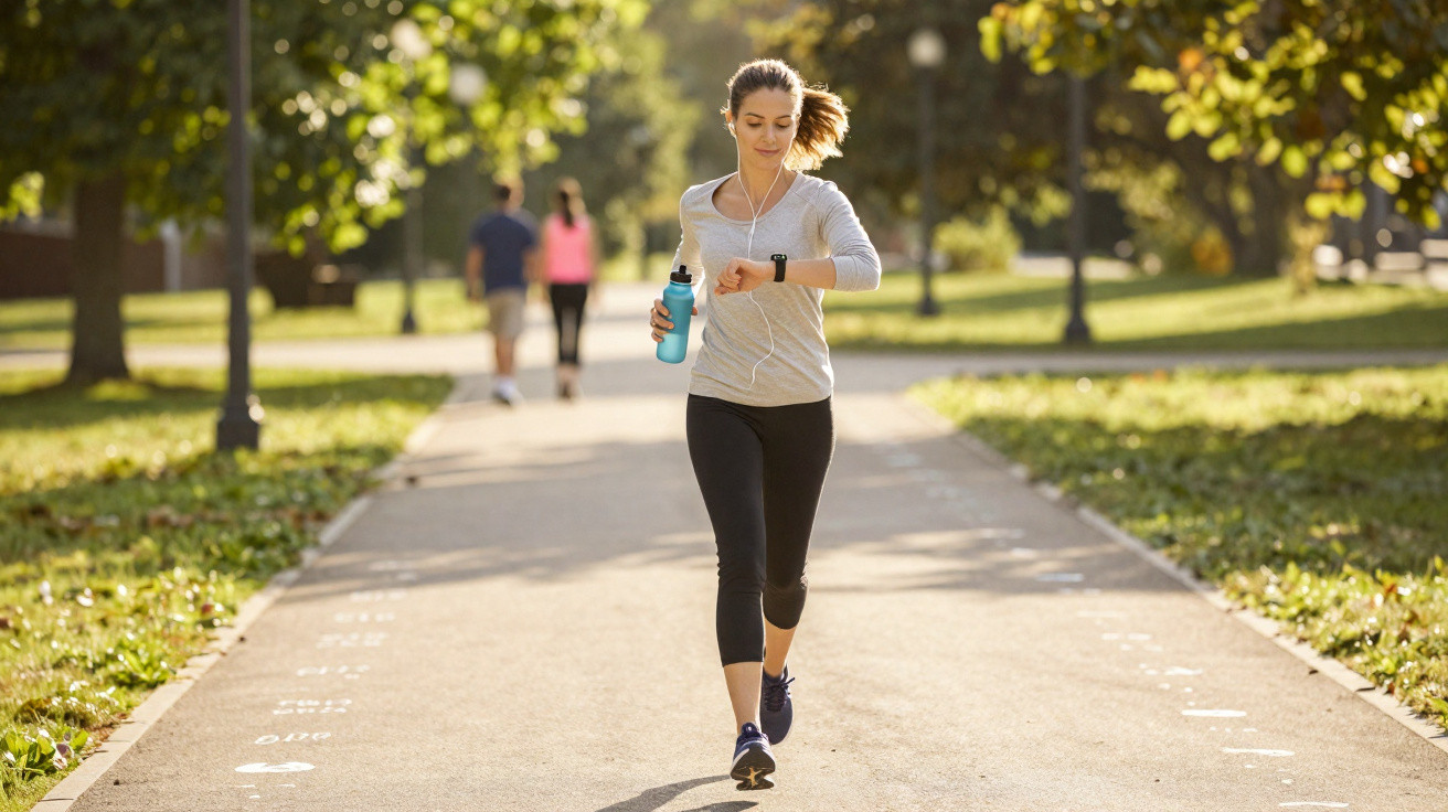 Mulher a correr num parque ensolarado, a olhar para o relógio, com garrafa de água na mão e auscultadores.