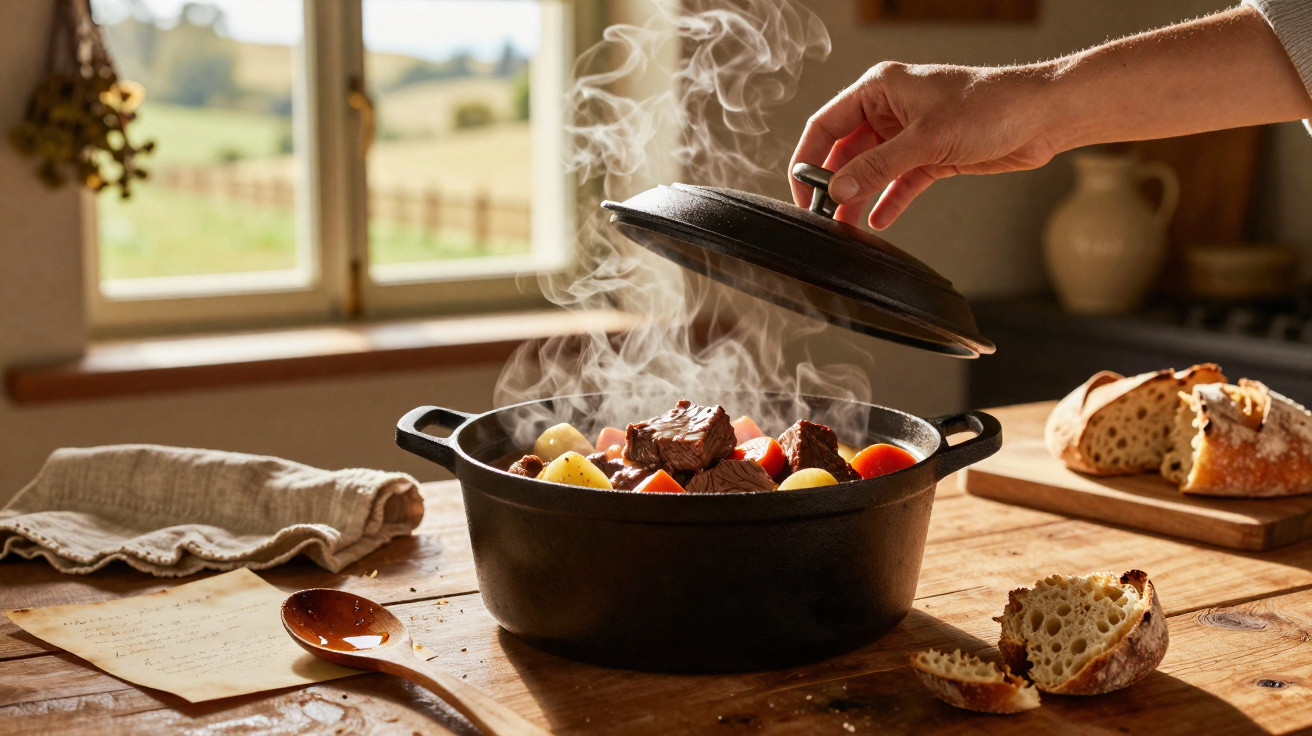 Tampa a ser levantada de panela fumegante com guisado rústico e legumes numa cozinha aconchegante.