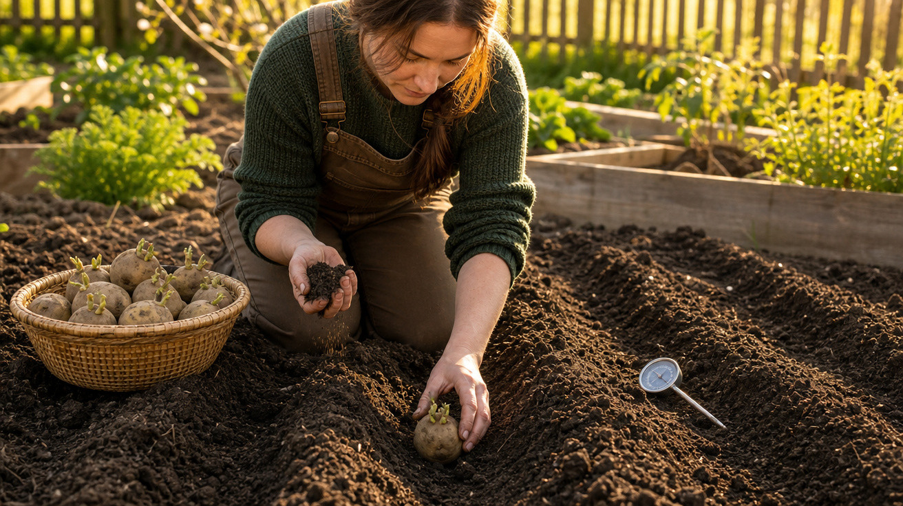 Mulher ajoelhada a plantar batatas num canteiro de terra fértil, com cesta de batatas ao lado.