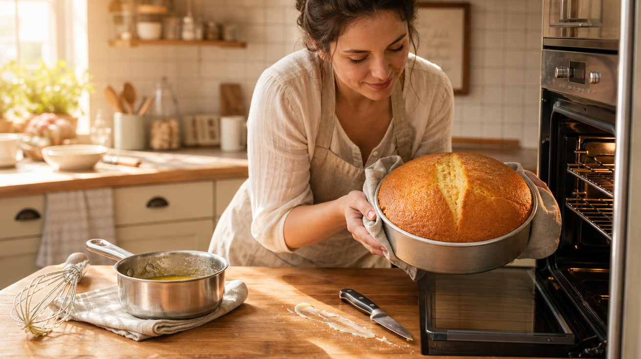 Mulher a retirar pão acabado de assar do forno numa cozinha iluminada e acolhedora.
