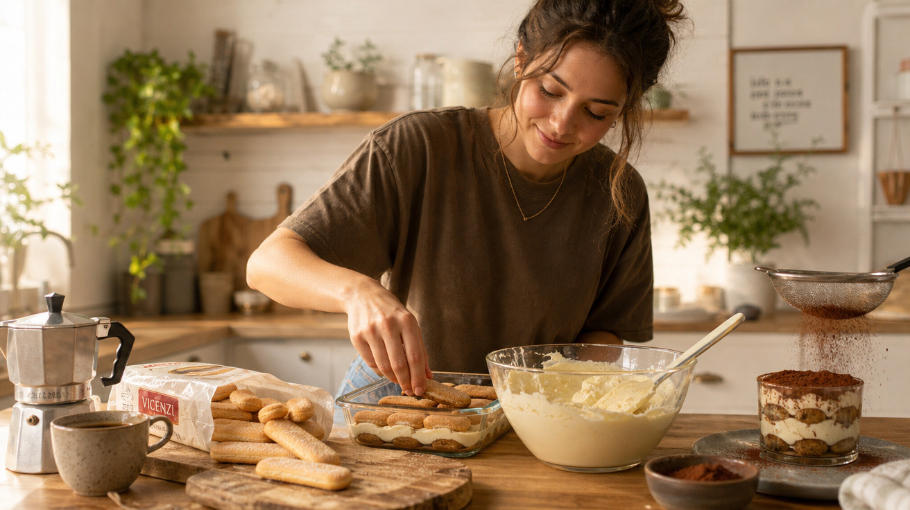 Mulher a preparar tiramisu numa cozinha acolhedora com bolachas e creme numa tigela de vidro.