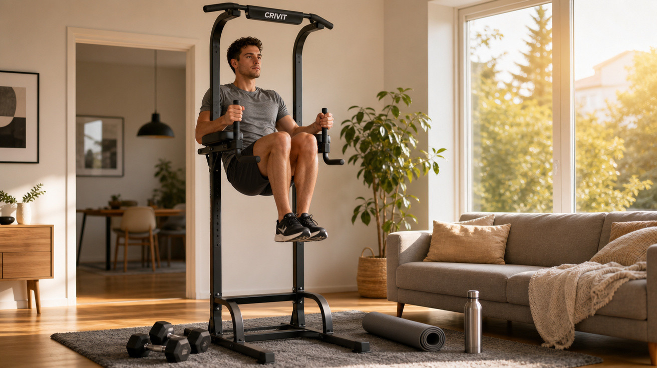 Homem a fazer exercício abdominal numa máquina de ginástica numa sala de estar iluminada.