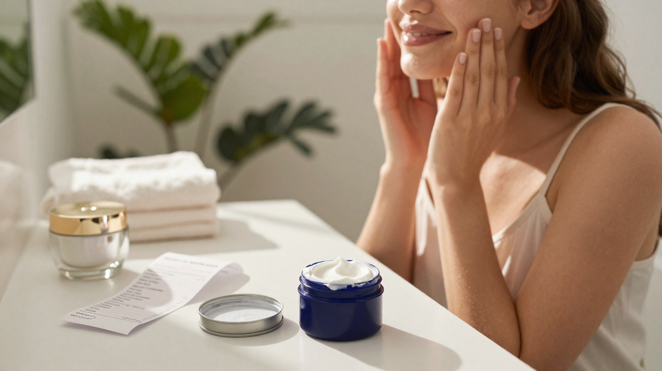 Mulher a aplicar creme hidratante no rosto, com frasco aberto sobre mesa iluminada e toalhas ao fundo.