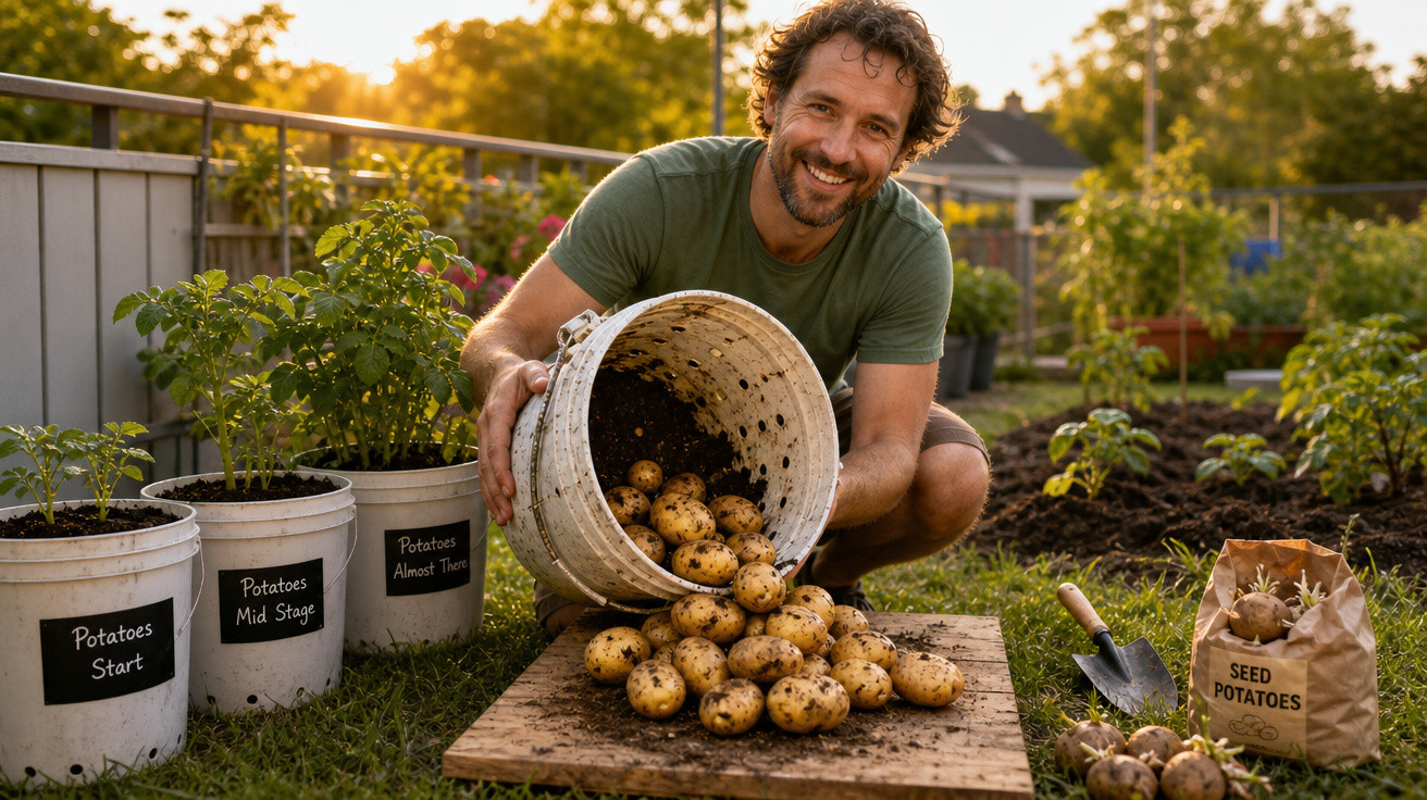 Homem sorridente a despejar batatas frescas do balde num jardim ao pôr do sol.