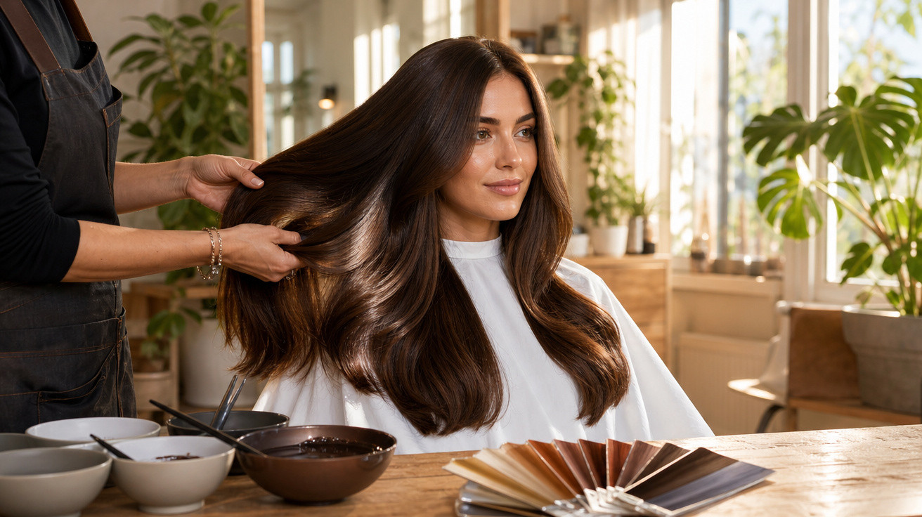 Mulher com cabelo castanho longo e ondulado recebe tratamento num salão de cabeleireiro iluminado.