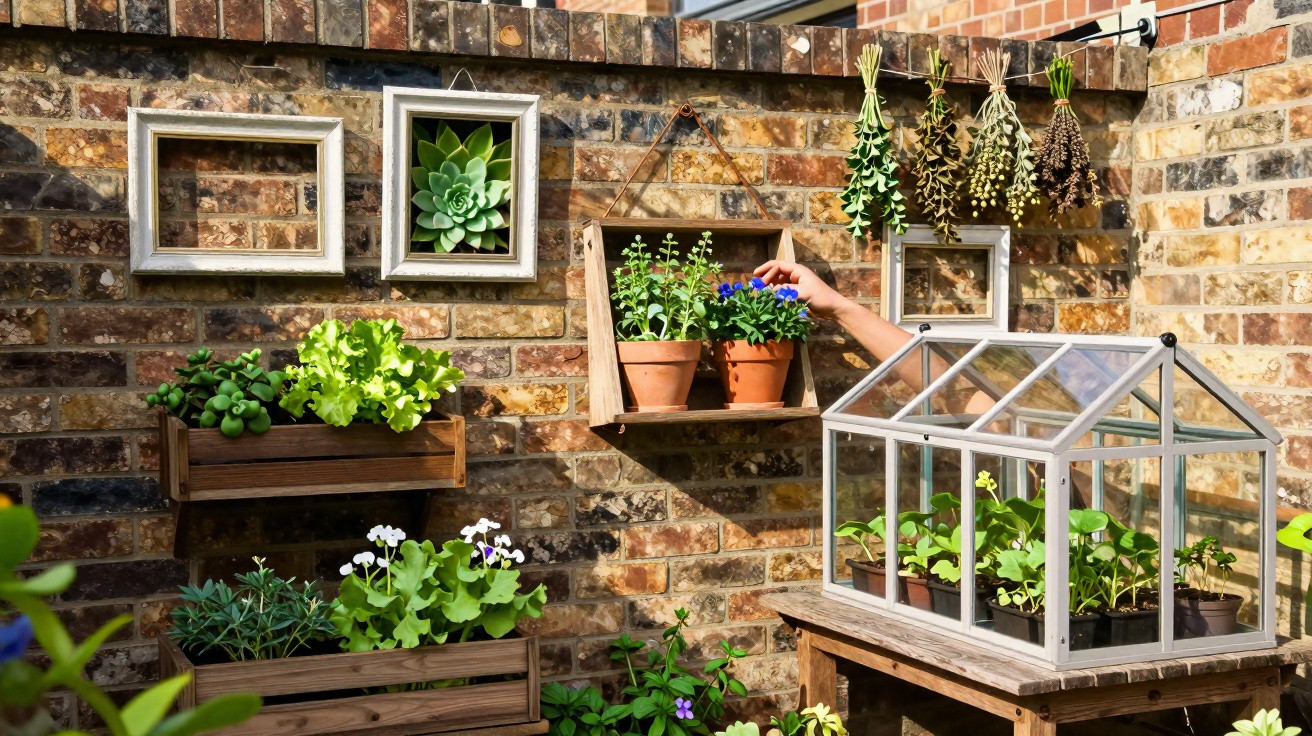 Mãos a cuidar de plantas em vasos, parede decorada com plantas e pequenas estufas num jardim urbano.