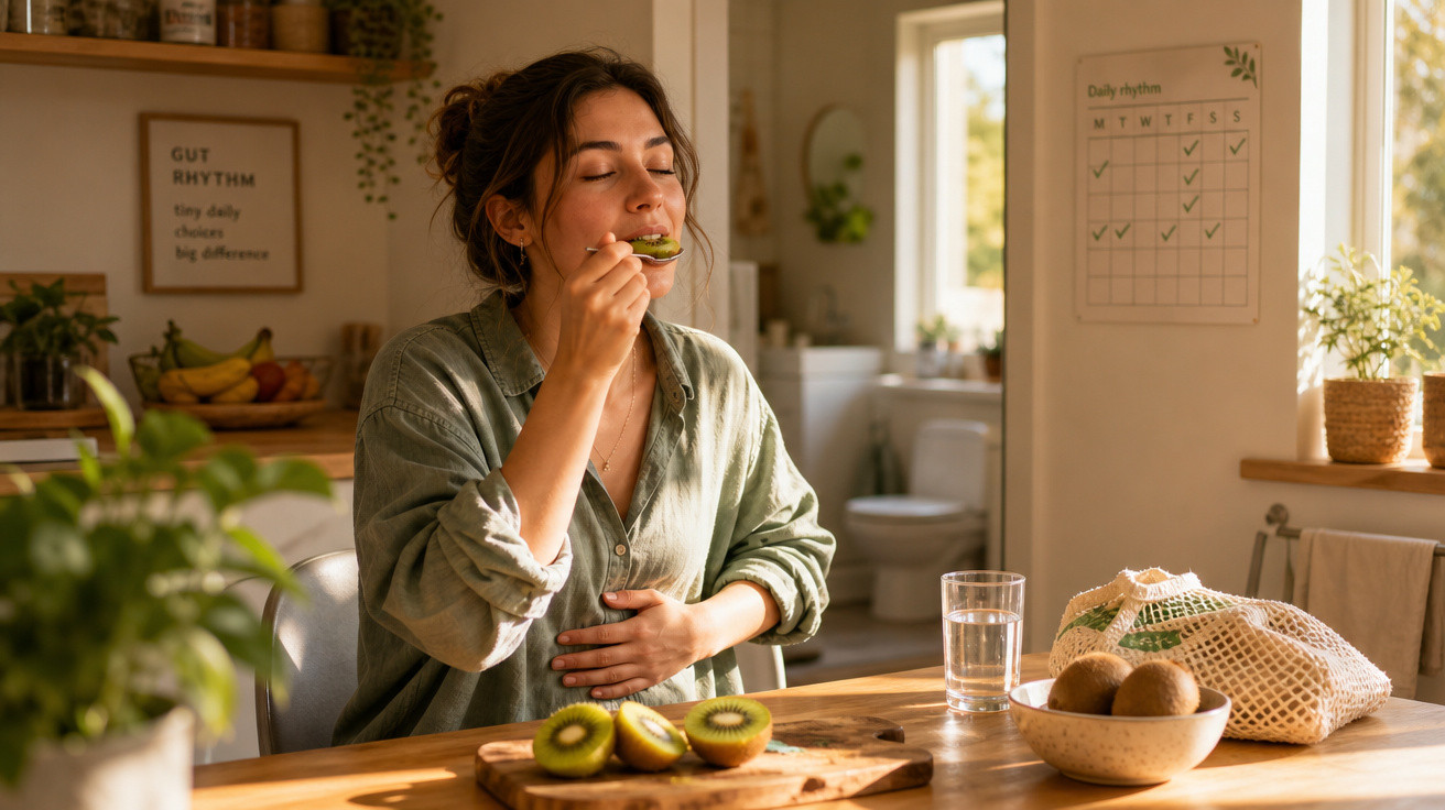 Mulher a saborear um kiwi com os olhos fechados numa cozinha luminosa e acolhedora.