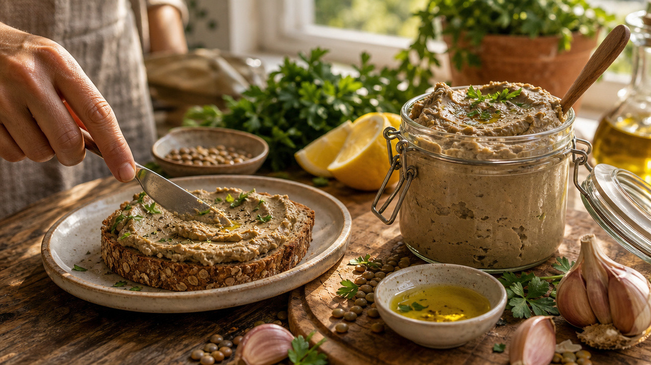 Pessoa a barrar pasta de lentilhas com ervas aromáticas em fatia de pão integral, com limão e alho à volta.