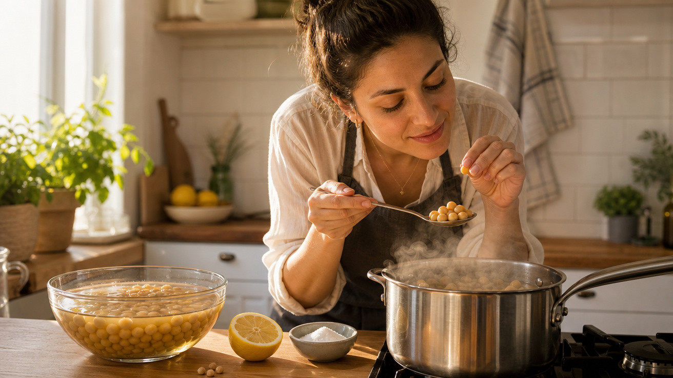 Mulher a cozinhar grão-de-bico numa cozinha luminosa com utensílios e ingredientes na bancada.