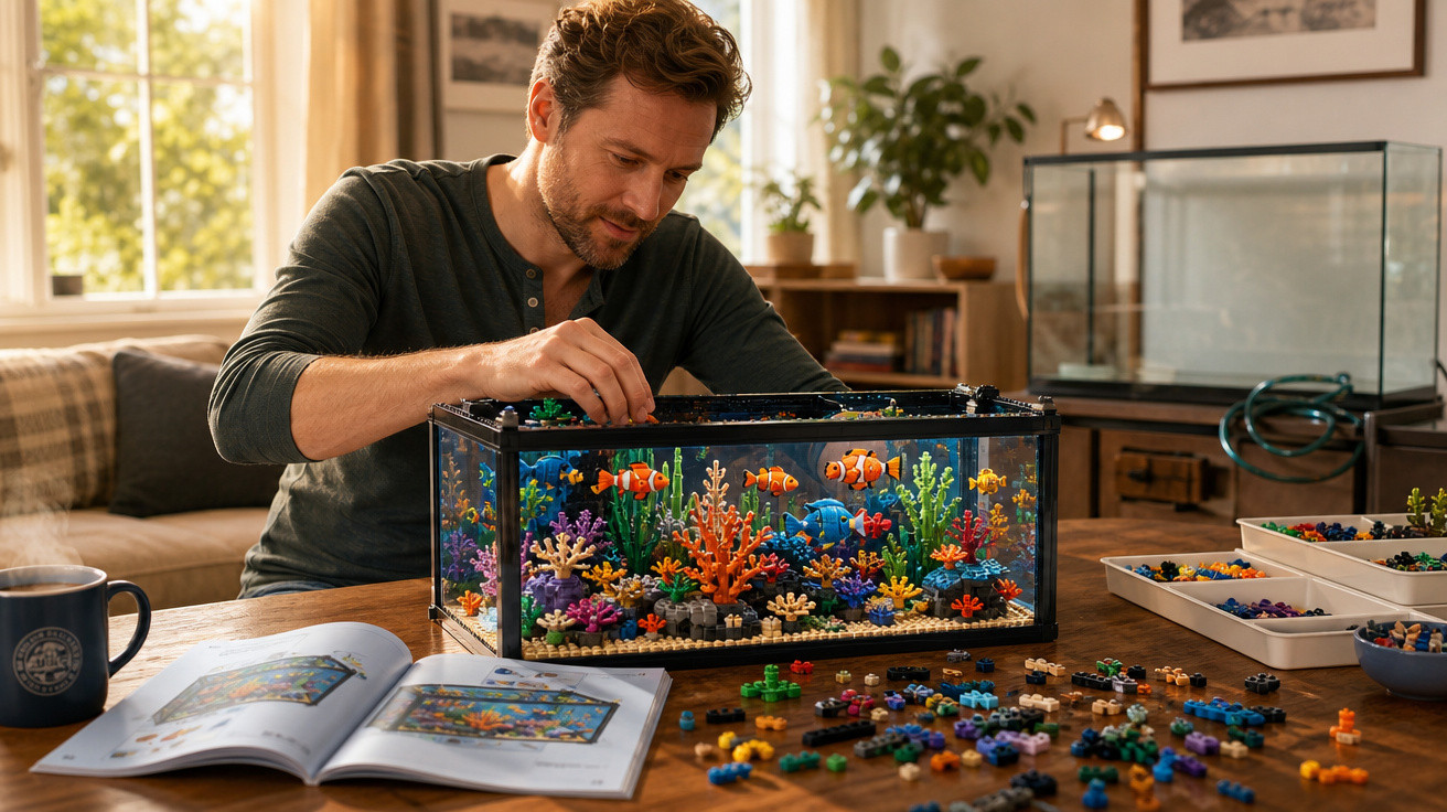 Homem monta aquário decorativo de peças de Lego coloridas numa mesa de madeira em sala iluminada.