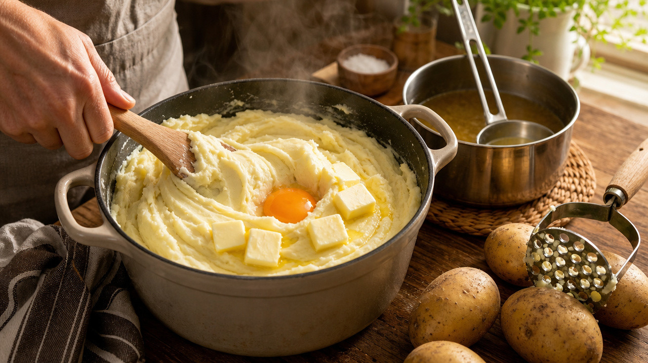 Mãos a mexer puré de batata quente com manteiga e ovo num tacho, batatas e utensílios na mesa de madeira.