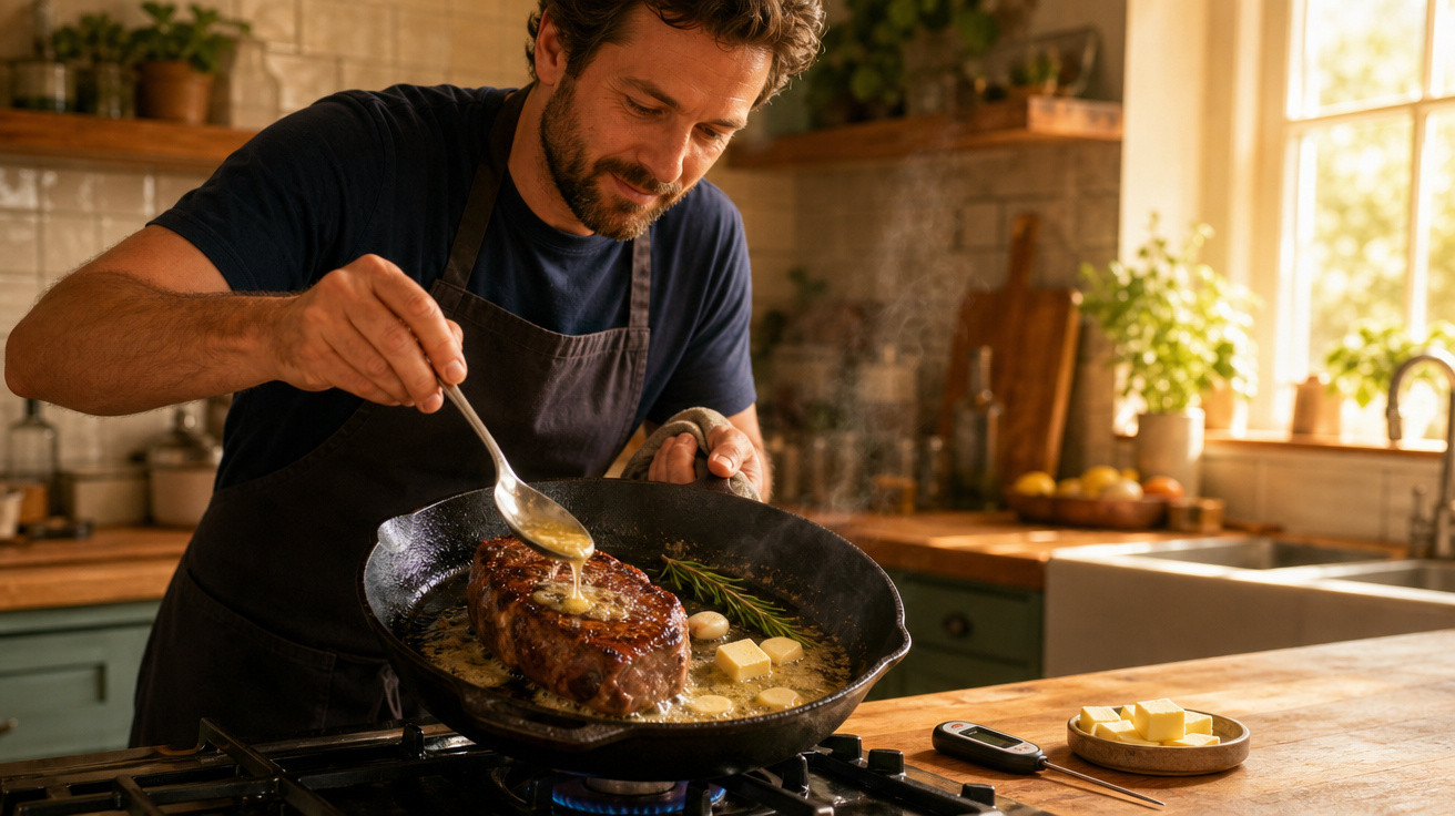 Homem a cozinhar bife numa frigideira, regando com manteiga numa cozinha luminosa e acolhedora.