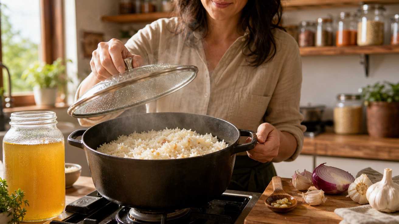 Mulher a levantar tampa de panela com arroz fumegante numa cozinha rústica com ingredientes à volta.