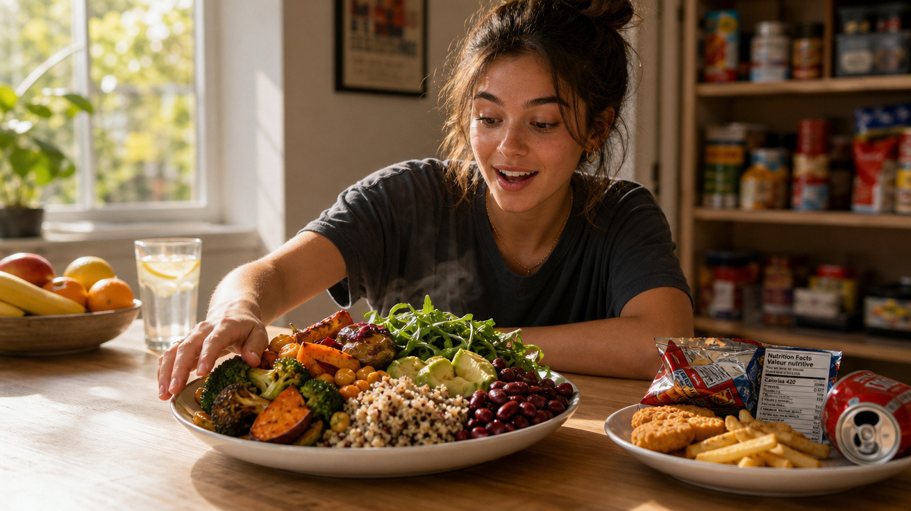 Jovem sentada à mesa, com um prato grande de comida saudável e um prato menor com fast food.