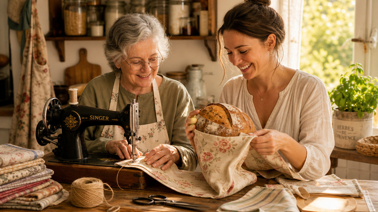 Duas mulheres sorridentes, uma a coser numa máquina antiga e outra a embrulhar pão num pano floral, em ambiente acolhedor.