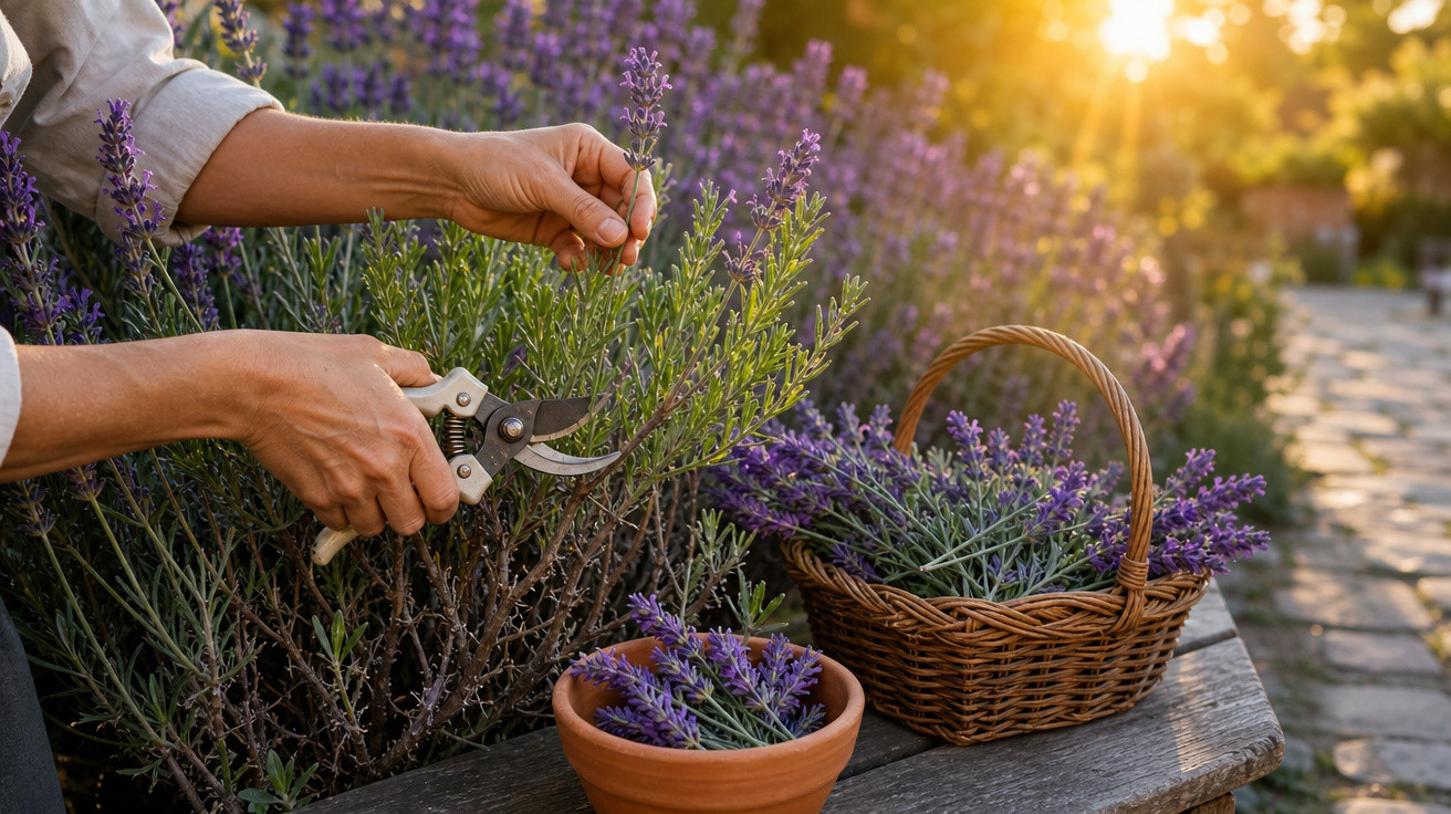 Mãos a colher flores de lavanda ao pôr do sol com cesta e vaso cheios de flores sobre banco de madeira.