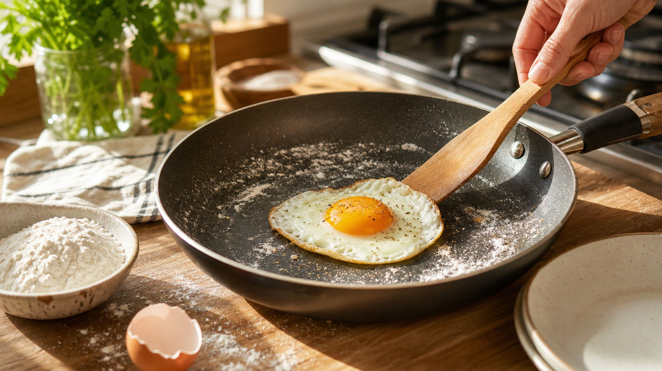 Ovo estrelado a ser virado numa frigideira com espátula de madeira numa cozinha iluminada.