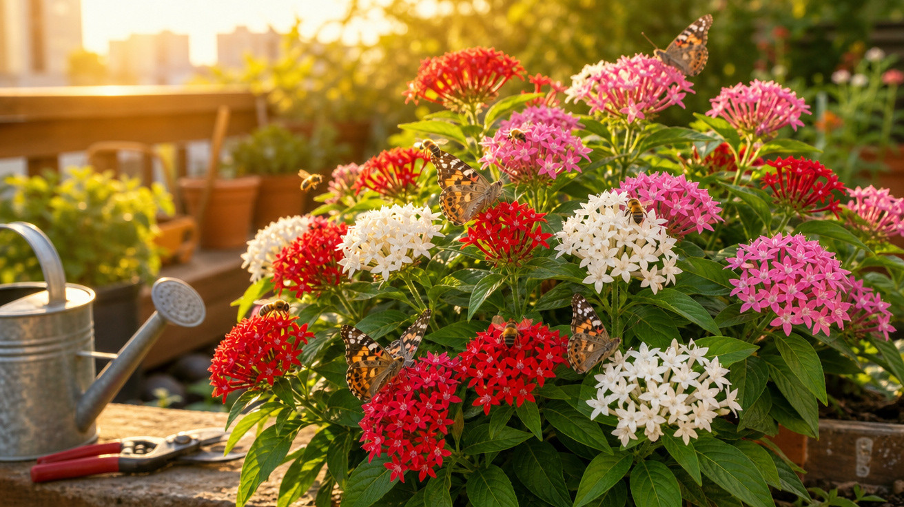 Flores vermelhas, rosas e brancas com borboletas e abelhas, rega e tesoura num jardim ao pôr do sol.