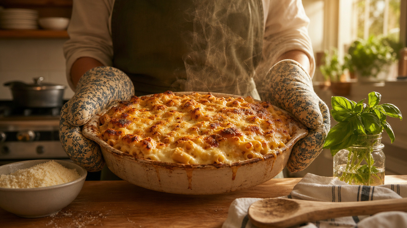 Pessoa com luvas a servir massa gratinada acabada de sair do forno numa tigela grande, em cozinha acolhedora.