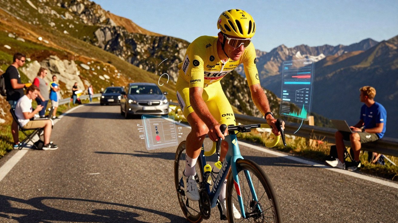 Ciclista a competir numa estrada montanhosa com espectadores e dados virtuais de desempenho visíveis.