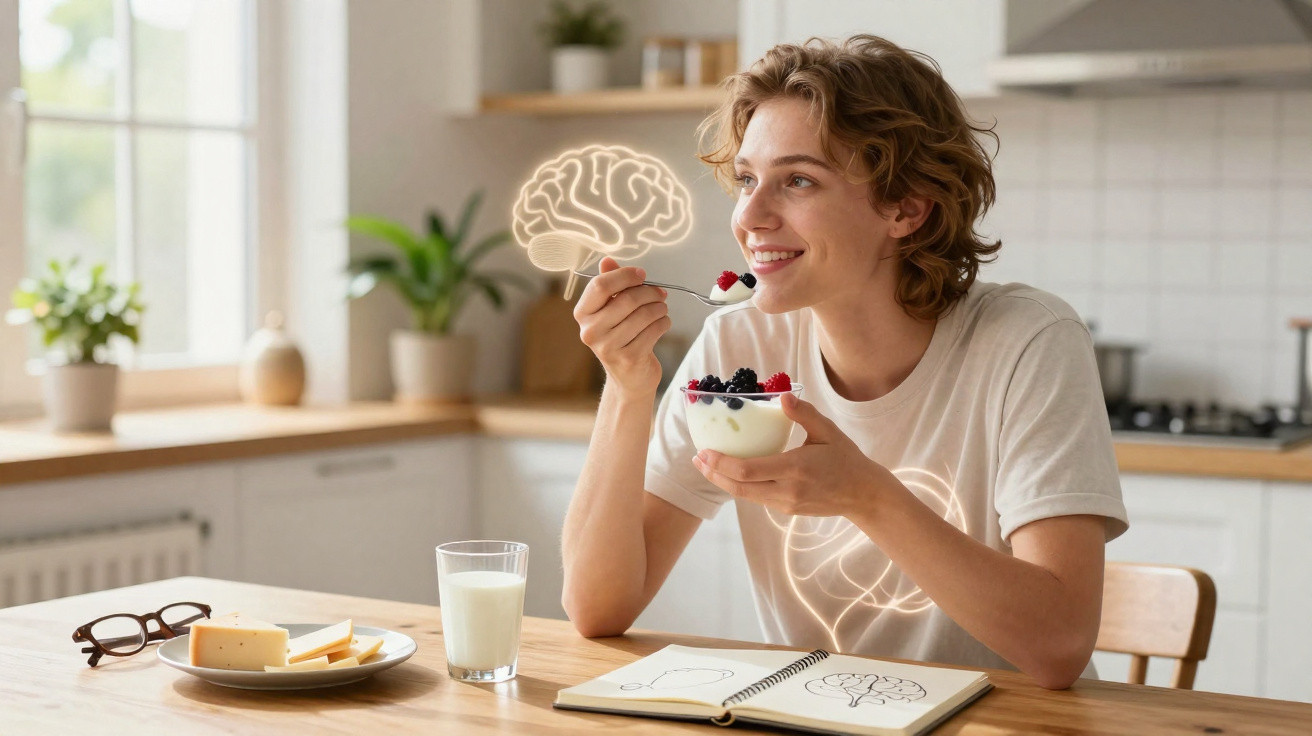 Mulher a comer iogurte com frutos vermelhos na cozinha, com ilustração brilhante de cérebro ao lado.
