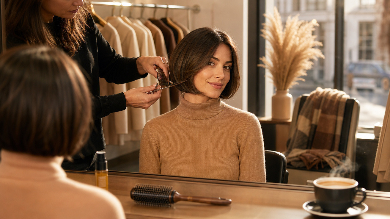 Mulher sorridente a cortar o cabelo num salão moderno com casaco pendurado e chávena de café na mesa.