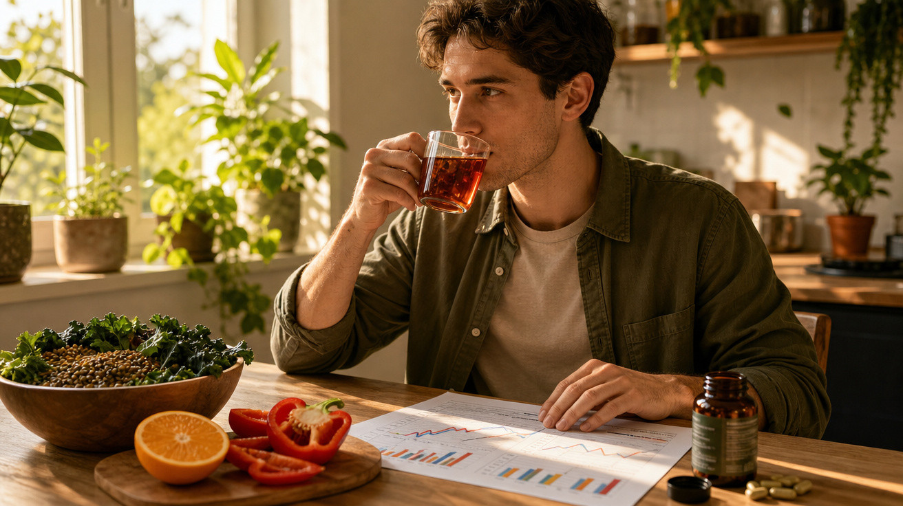 Homem a beber chá enquanto analisa gráficos numa mesa com legumes, frutas e suplementos.