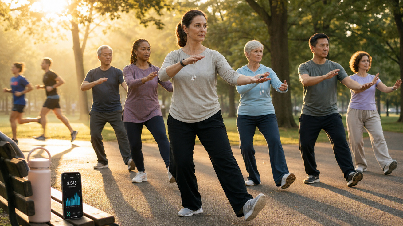 Grupo diverso de pessoas a praticar tai chi num parque ao amanhecer.