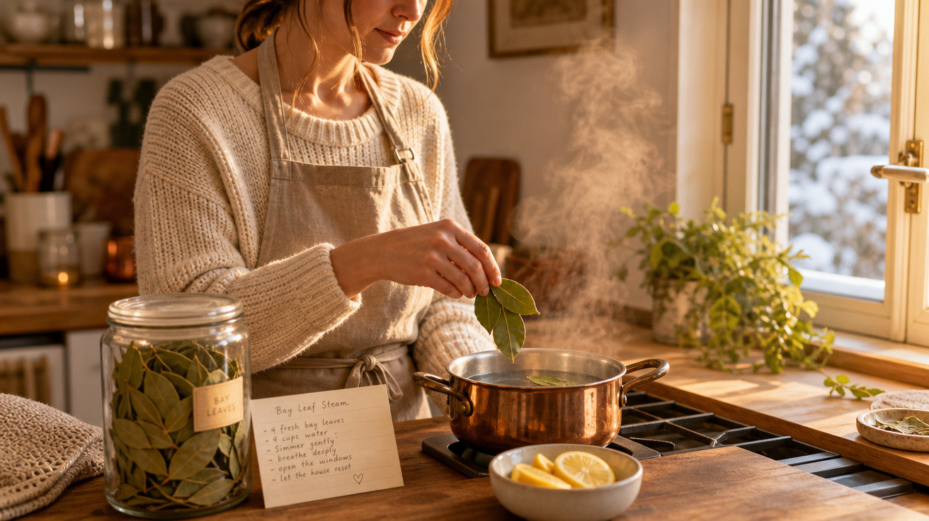 Mulher a cozinhar com folhas de louro numa panela, numa cozinha iluminada por luz natural junto à janela.
