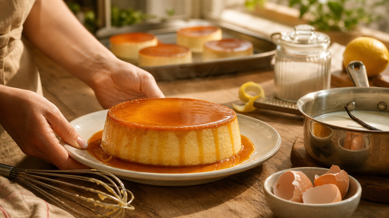 Pudim de caramelo servido num prato branco sobre mesa de madeira, com ingredientes e utensílios de cozinha ao fundo.