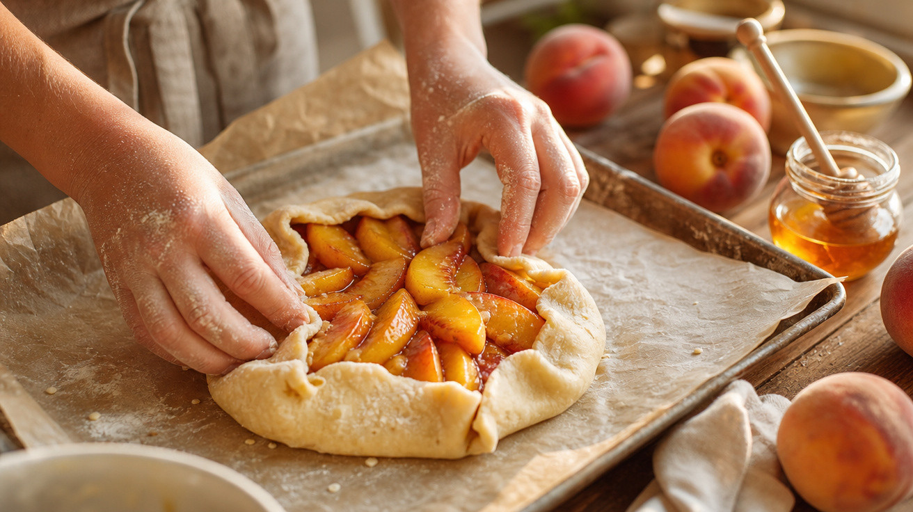 Mãos a dobrar a massa sobre fatias de pêssego numa tarte rústica antes de ir ao forno.