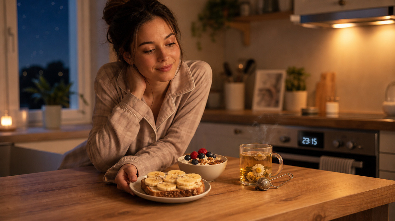 Mulher em pijama observa pão com banana, taça de frutas e chá numa cozinha iluminada à noite.