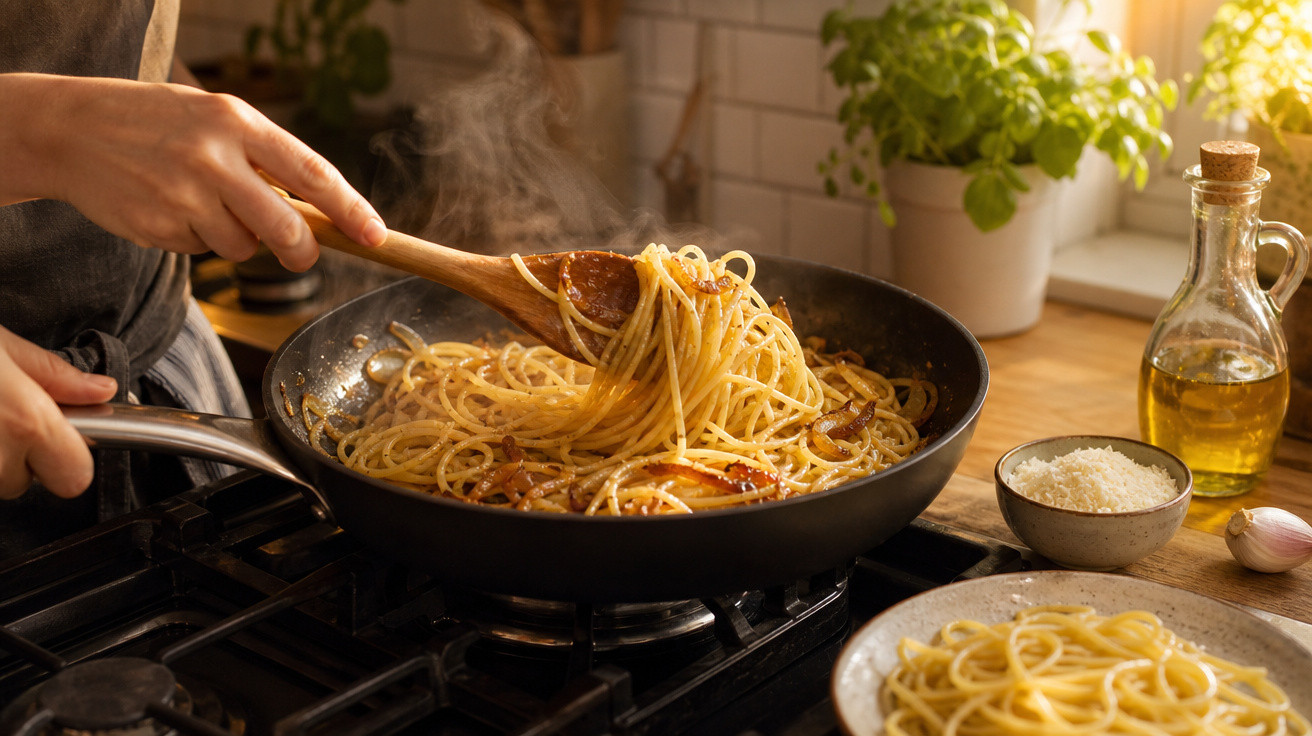 Pessoa a cozinhar esparguete carbonara numa frigideira em cozinha iluminada com ingredientes ao lado.
