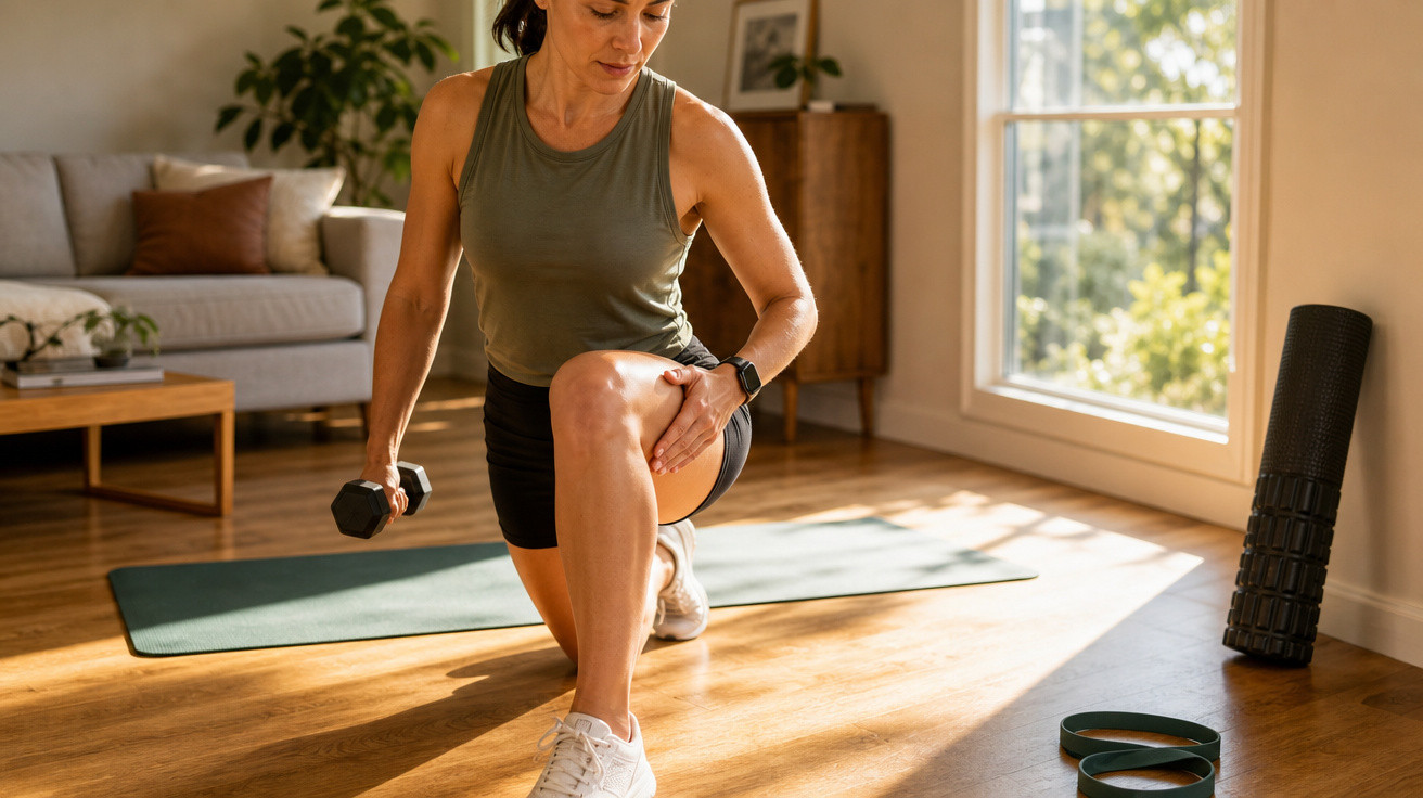 Mulher a fazer exercício em casa, com haltere numa mão, ajoelhada num tapete de treino junto à janela.