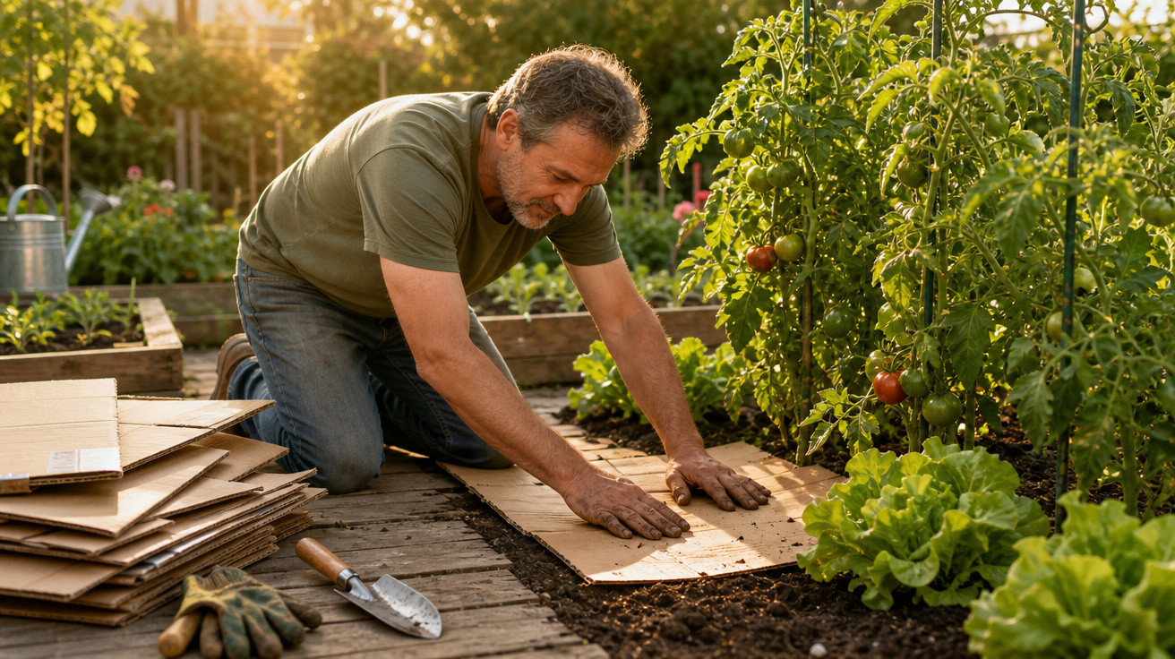 Homem a colocar papelão no solo do jardim para cultivar tomateiros e alfaces ao pôr do sol.