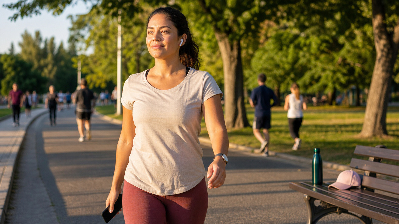 Mulher a caminhar num parque ao fim da tarde com auriculares e roupa desportiva.
