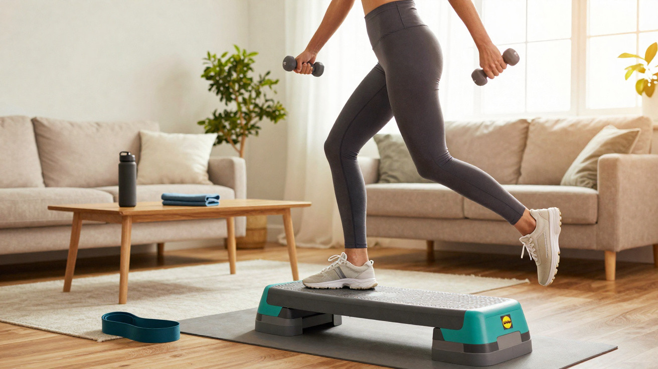 Pessoa a fazer exercícios de step em casa com halteres pequenos, num ambiente acolhedor e iluminado.