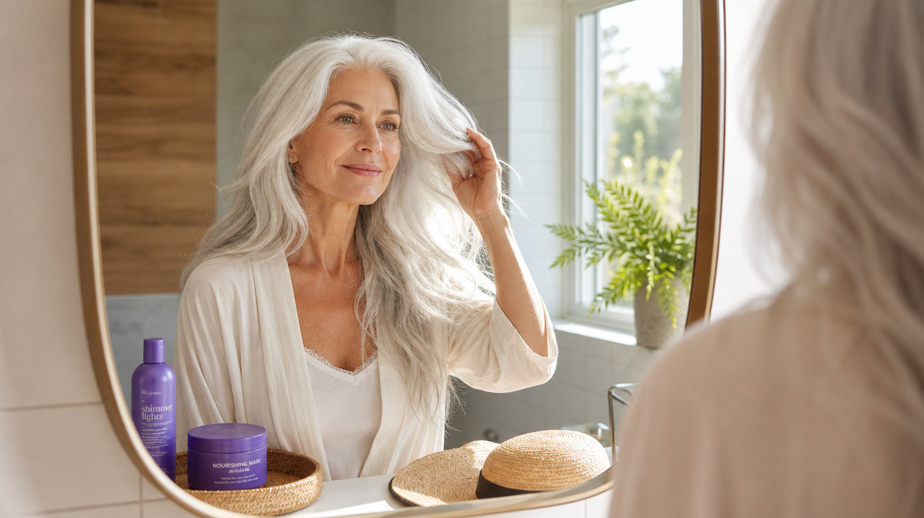 Mulher sorridente com cabelo branco comprido a olhar para o espelho num ambiente luminoso e acolhedor.