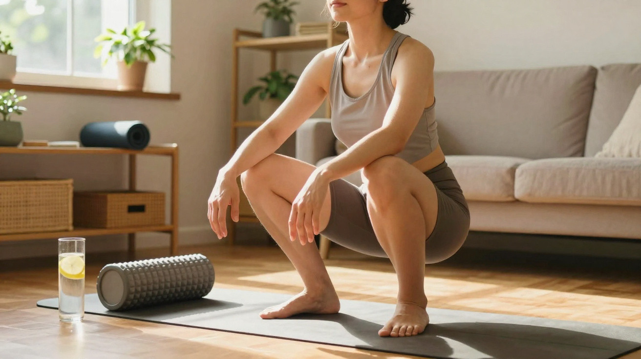 Mulher a fazer agachamentos em tapete de yoga numa sala iluminada, com rolo de massagem e água com limão.