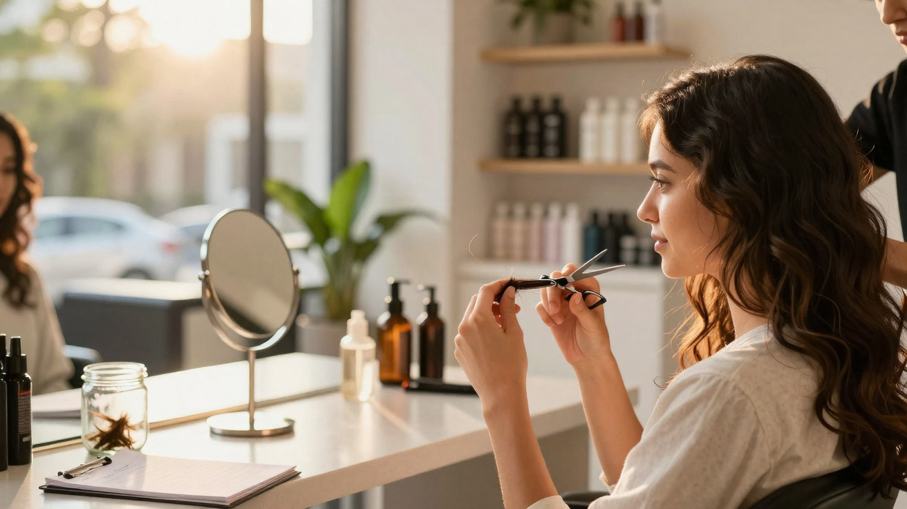 Mulher no salão de cabeleireiro a preparar tesoura para cortar cabelo, sentada em frente a espelho.