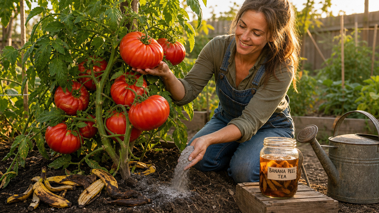 Mulher rega plantas num jardim com tomates grandes e jarro de chá de casca de banana.
