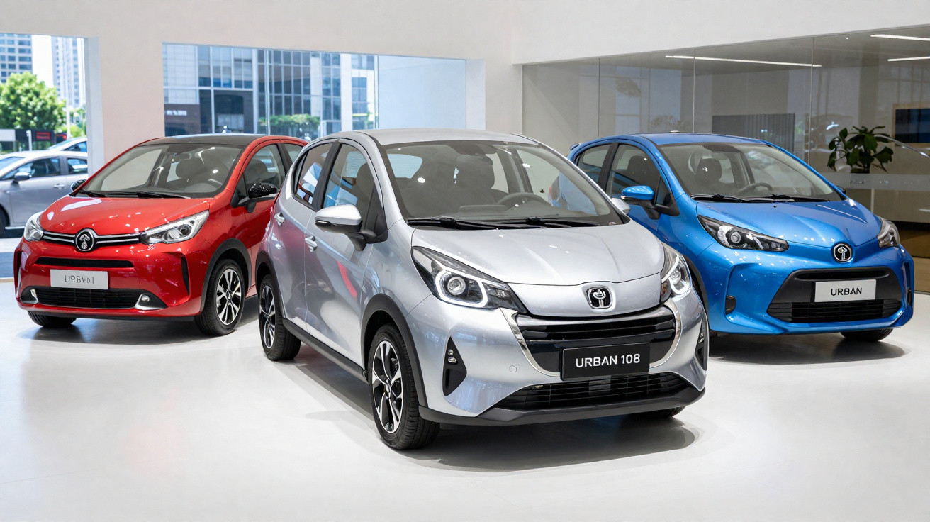 Três carros urbanos de cores prateado, vermelho e azul expostos num salão de automóveis moderno.