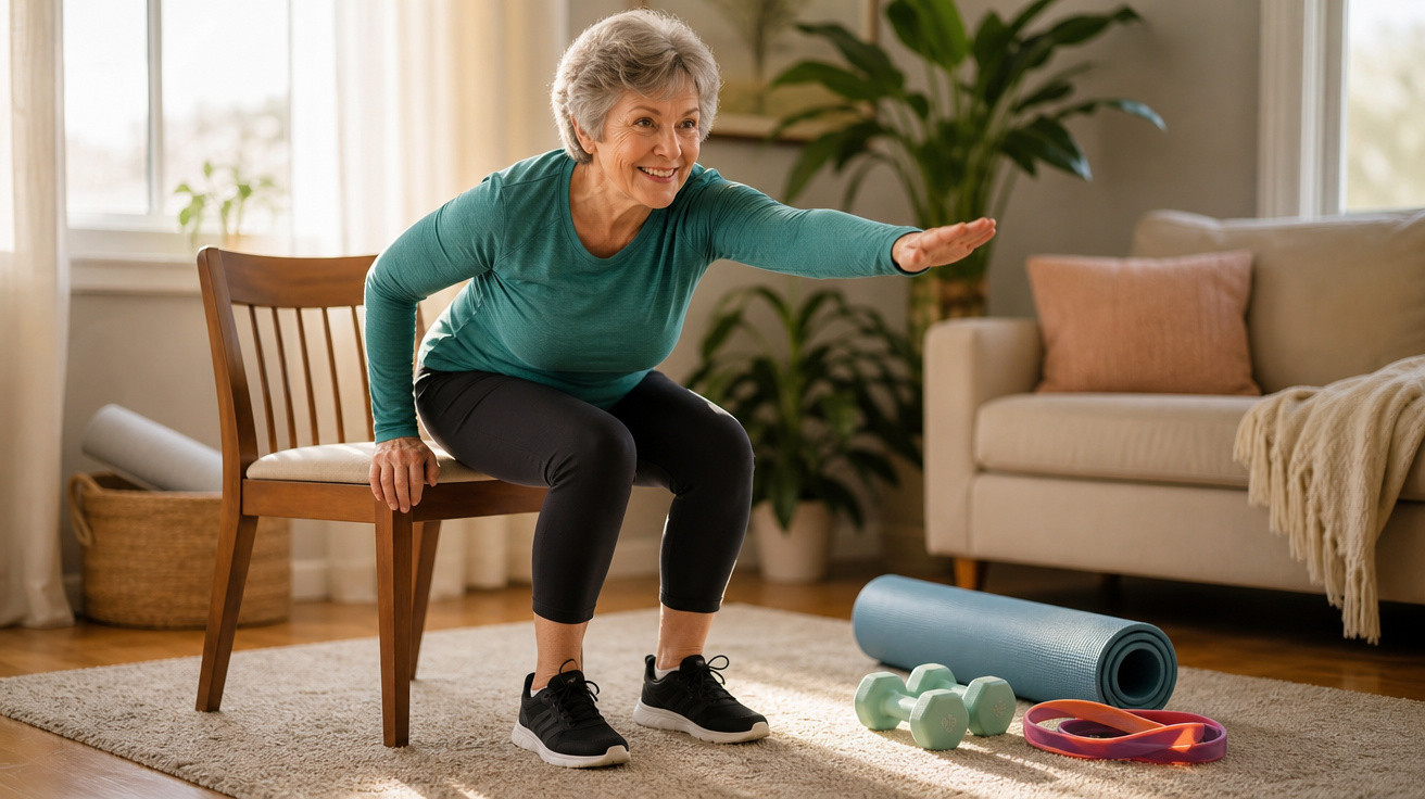 Idosa a fazer exercício físico em casa, sentada numa cadeira, com colchonete e halteres no chão.