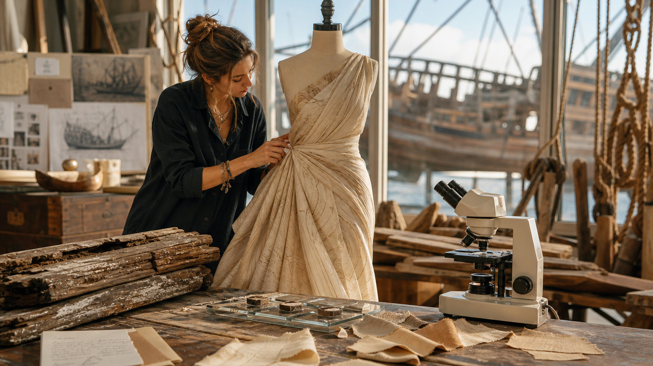 Femme a ajuster une robe en tissu ancien sur un mannequin dans un atelier avec microscope et bois.