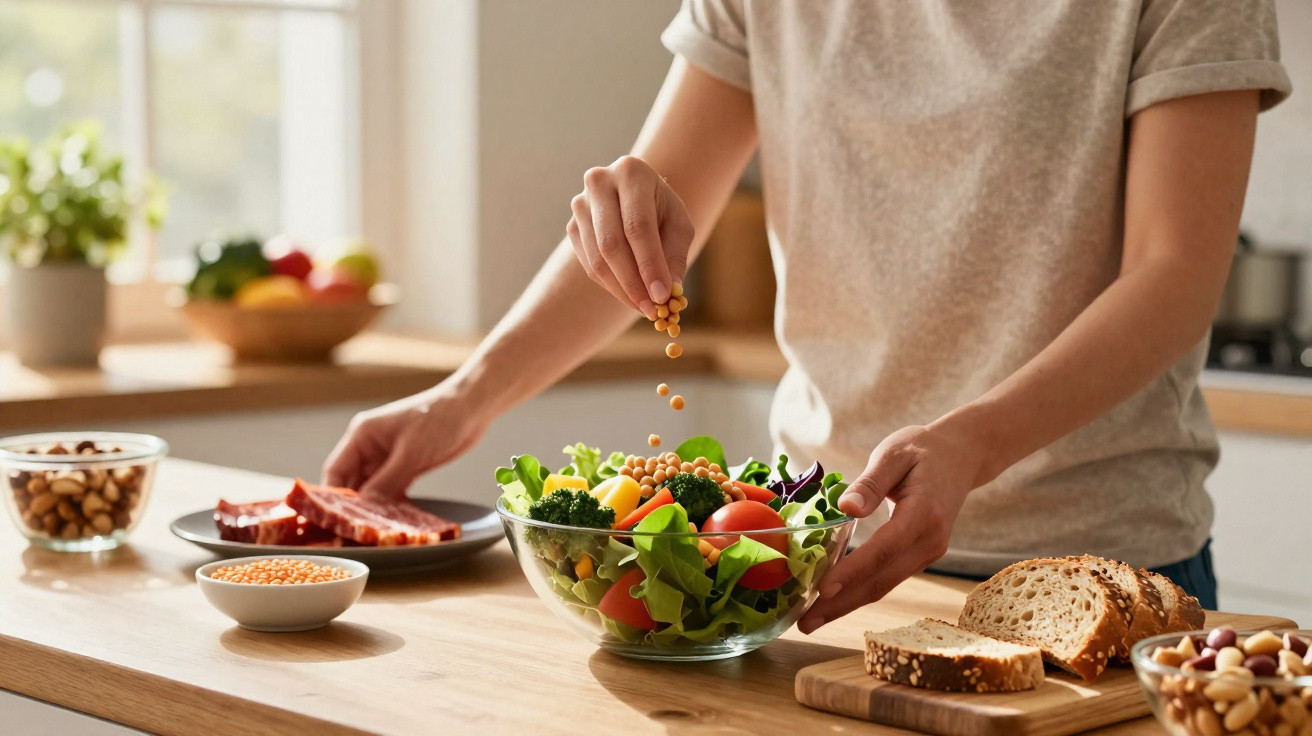 Pessoa tempera salada fresca com legumes variados numa cozinha iluminada e organizada.