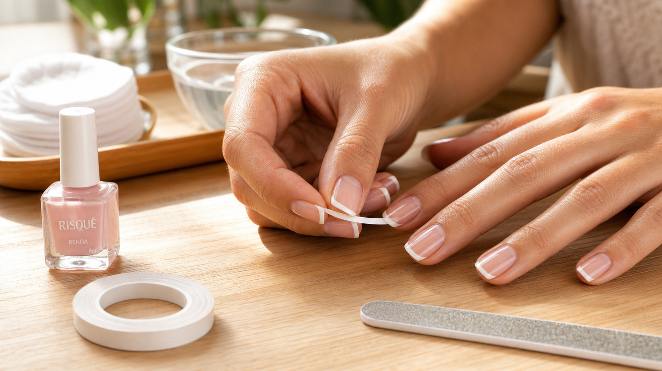 Mãos femininas a aplicar fita adesiva para fazer unhas francesas, com base de verniz cor nude, lima e algodão ao fundo.