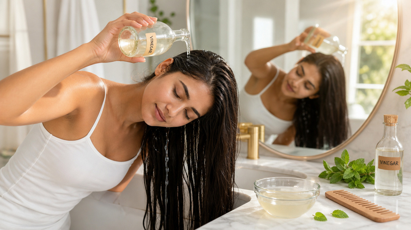 Mulher a despejar vinagre no cabelo molhado numa casa de banho com espelho e produtos naturais.